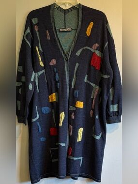 M & Kyoko Dark Blue Cardigan Colorful Abstract Patchwork & Textured Yarn Design